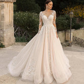 Hermosos vestidos de novia de encaje de manga larga para mujer, elegantes vestidos de novia de tul con pegatinas florales color champán, vestido de fiesta formal estilo princesa.