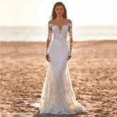 Hermosos vestidos de novia de manga larga para mujer, elegante vestido de novia con apliques de encaje y hombros descubiertos, vestido de playa formal de sirena con botones