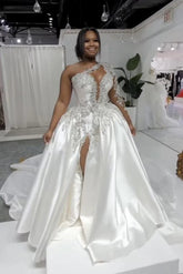 Hermoso vestido de novia largo de satén con corte A, un hombro, apliques de cuentas y encaje con abertura