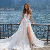 Hermosos vestidos de novia sexys con hombros descubiertos, sin mangas, con escote en V y encaje de playa dividido, vestidos de novia sin espalda, hechos a medida