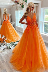 Precioso vestido de fiesta largo de tul con flores y escote en V naranja PSK360