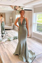 Gray Green Satin Mermaid Bridesmaid Dresses With Sweep Train BD089