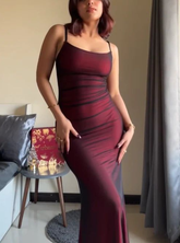 Vintage Burgundy Spaghetti Straps Prom Dress Evening Gown Y7780