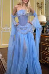 Beautiful A Line Off The Shoulder Light Blue Long Party Evening Gown Chiffon Prom Dress Y8045