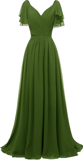 Ruffle Sleeves Bridesmaid Dress V-Neck Chiffon Long Formal Wedding Evening Dress Y1315