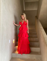 Chic Red A-line Tiered Ruffle Prom Dress Red Evening Dress Y4649