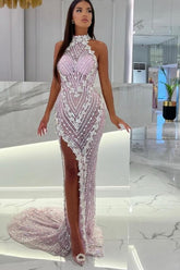 High Neck Pink Unique Mermaid High Split Prom Dress