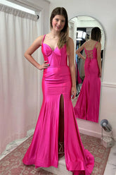 Hot Pink Mermaid Straps Satin Long Prom Dress with Slit PSK514