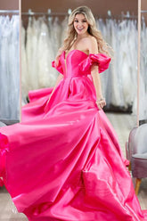 Hot Pink Puff Sleeves Off The Shoulder Simple Prom Evening Dresses PSK407