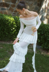 Vestido de noche elegante de gasa con encaje y volantes, vestido de novia blanco Y8082