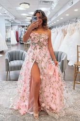 A Line Pink Floral Long Prom Dresses with High Slit Formal Graduation Evening Dresses Y5893