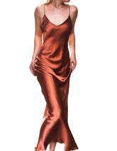 V neck Bronze Mulberry Silk Slip Dress