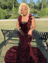 Vestido de fiesta largo de sirena con lentejuelas burdeos, vestido de noche burdeos Y6507
