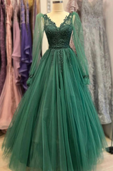 Vestido de fiesta de manga larga con escote en V y cuentas de tul verde, vestido de noche verde Y6811