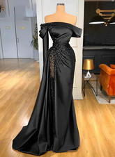 Fashion Black Beaded Satin Sheath Prom Dress Off The Shoulder Long Evening Dress Y8030