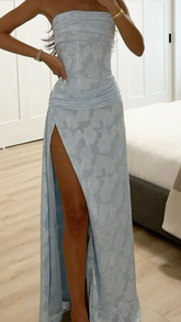 Chic Blue Strapless Satin Print Floral Long Prom Dress Sheath Slit Evening Dress Y8152