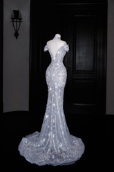 Glitter Off The SHoulder Tulle Sequin Beaded Evening Dress,Mermaid Prom Dress Wedding Dress Y8685