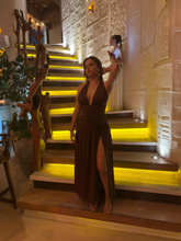 Sexy Halter Backless Brown A Line Slit Prom Dress Deep V Evening Dress Y8481