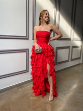 Red Strapless Long Prom Dress with Ruffles,Red Evening Dress Y2367