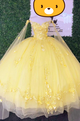 Glitter Yellow Quinceanera Dresses Spaghetti Strap With Wrap Sweet 15 Ball Gowns 3D Flower Bead Y4050