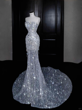 Sparkly Strapless Tulle Sequins Tassel Evening Dress,Slit Mermaid Prom Dress Wedding Dress Y8674