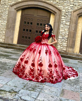 Vestido de quinceañera con encaje rojo y flores 3D hecho a medida, vestido de baile con hombros descubiertos Y6956