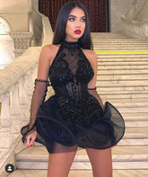 Black homecoming dress tulle short prom party dress Y4114