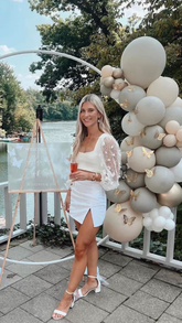 White Two Piece Short Homecoming Dress Party Dress with Long Sleeves Y1990