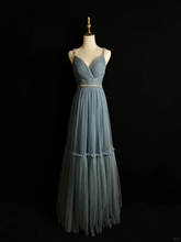 Simple Blue Tulle Beaded A Line Evening Dress Spaghetti Straps V Neck Prom Dress Y8649