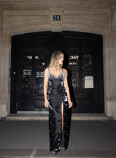 Charming Black Satin Beaded Slit Prom Dress Spaghetti Straps Sheath Evening Gown Y8229