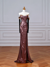 Vestido de fiesta largo vintage de satén con hombros descubiertos y apliques, corte sirena, vestido de noche Y8613