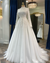 Elegantes muslimisches Hochzeitskleid für die Braut mit Applikationen und Blumen, arabisch, Dubai, lange Ärmel, Brautkleid Y4444