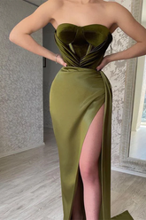 Elegant Olive Green Strapless Mermaid Velvet Bustier Prom Dresses Modest Evening Dress Y377