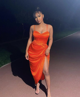 Vestido de noche elegante con tirantes finos en color naranja, vestido de fiesta naranja Y6354