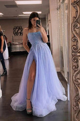 Lavender Tulle A-line Beaded Long Prom Dresses Party Dresses With Slit PSK436