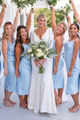 Light Blue Cowl Neck Straps Calf-Length Bridesmaid Dress BD113