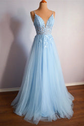 Light Blue V Neck Lace-Up Appliques Tulle Long Prom Dress Evening Dress PSK439
