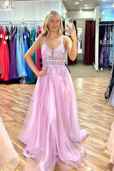 Lilac A-line V Neck Beaded Appliques Sleeveless Tulle Long Prom Dress PSK413