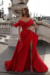 Long Mermaid Off The Shoulder Satin Evening Prom Dresses with Slit