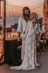 Long Sleeve V-neck Lace Appliques Boho Wedding Dress WD749