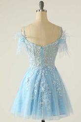 Light Blue Appliques Cold-Shoulder A-Line Short Homecoming Dress Y2672