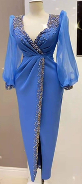 Retro-Stil Blau Laterne Ärmeln Ballkleid Edles Blau Abendkleid Y5680