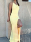 Backless Yellow Prom Dresses with Leg Slit, Open Back Yellow Formal Evening Dresses Y1879