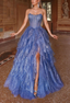 Fairy Blue Strapless Beaded Tulle Evening Dress Slit A Line Prom Dress Ball Gown Y7960