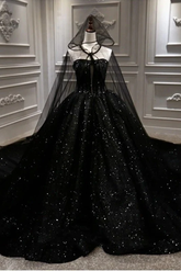 Sequin Shiny Strapless Black Ball Gown Princess Prom Dresses Y56