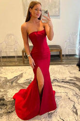 Mermaid Prom Dresses With Slit Red Satin Prom Dress SYP114