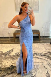 Mermaid One Shoulder Blue Long Lace Prom Evening Dress With Split PSK412