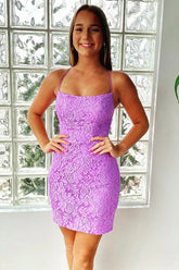 Mermaid Purple Bodycon Lace Up Short Lace Homecoming Dress PD473
