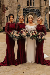 Mermaid Sweep Train Lace Long Sleeve Burgundy Bridesmaid Dresses BD090