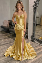 Vestido de fiesta largo dorado con escote corazón y corte sirena y abertura PSK583